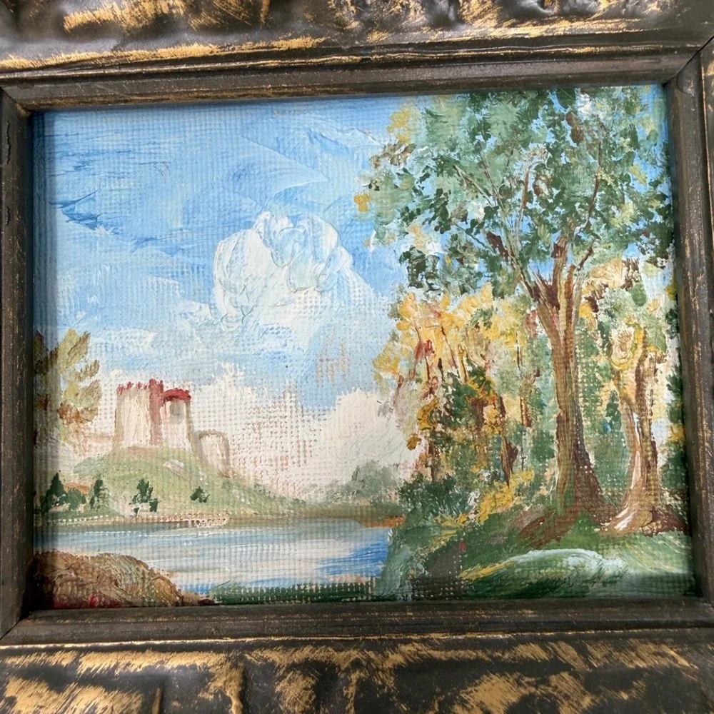VTG Miniature European Landscape Painting Ornate Olive Gold Frame
